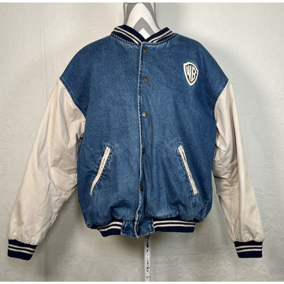 Vintage 90s WARNER BROS@LOONY TUNES Denim Varsity insulated Bomber Jacket Medium - Picture 1 of 13